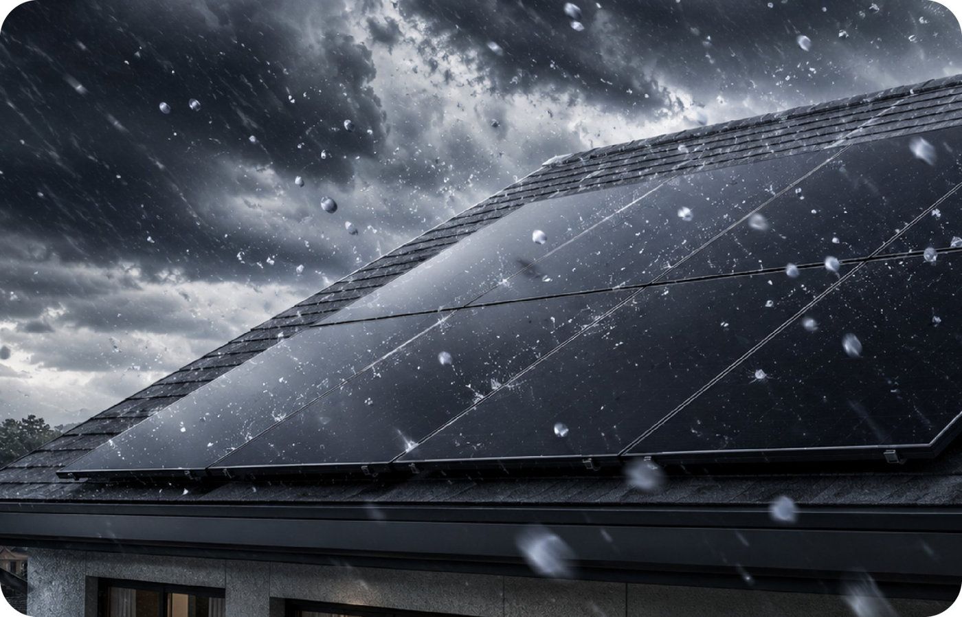 Solar panel enduring a hail storm